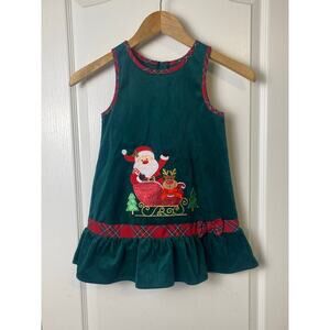 Rare Editions Green Corduroy Santa Reindeer Dress Toddler Girls Size 4T